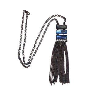 Black Chain Necklace Blue Rhinestones Tassel 28" Longs Weighs 51.75g